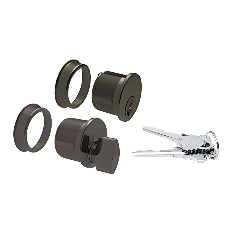 Dark bronze mortise keyed cylinder combo (DRA1020DU) with thumbturn, trim rings and keys for bottom rail locks.