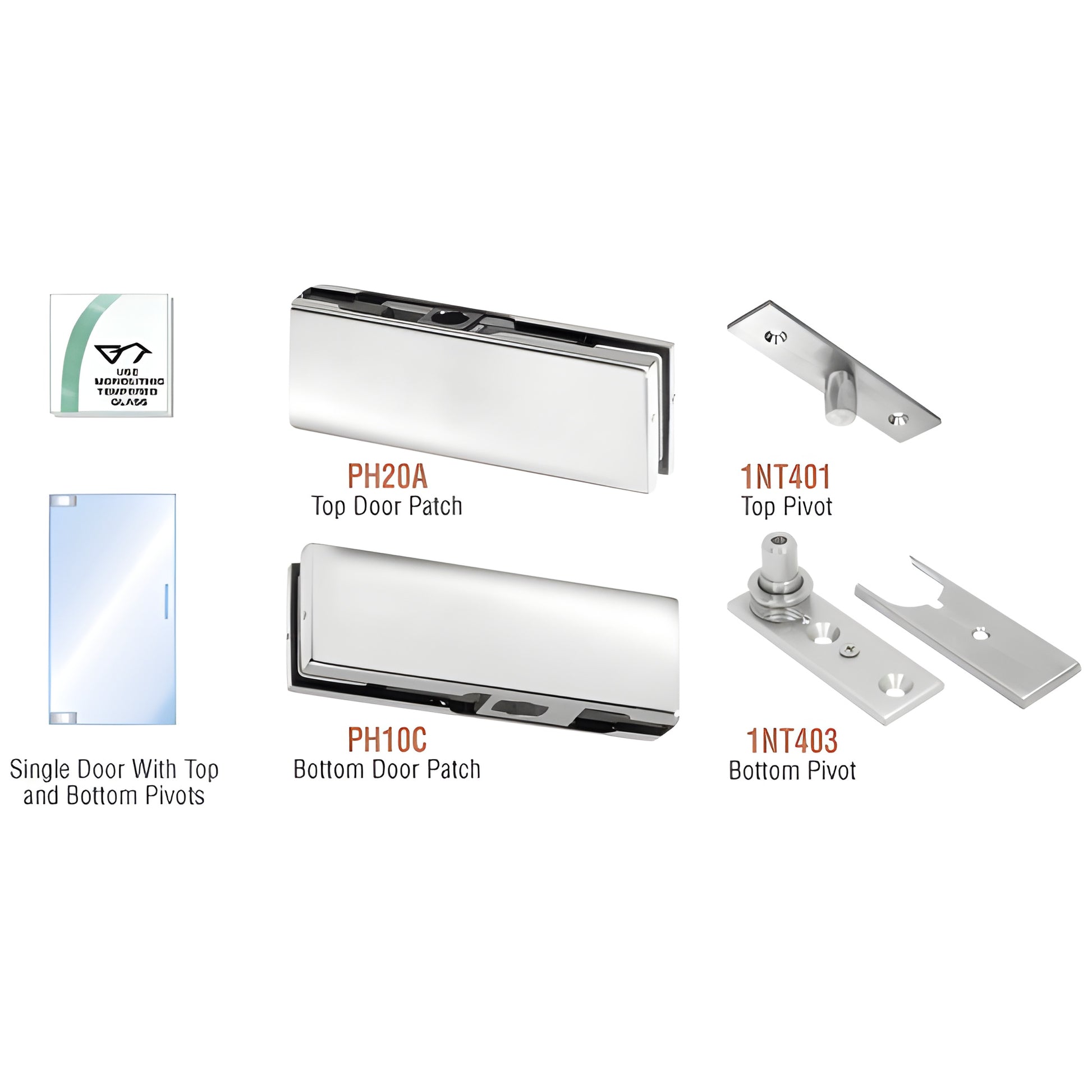 PHA1PS stainless steel glass patch door kit with top/bottom patches and pivots for 3/8-1/2" tempered glass