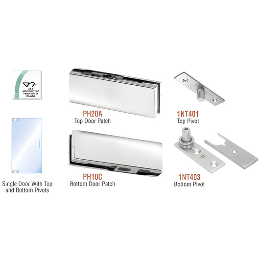 PHA1PS stainless steel glass patch door kit with top/bottom patches and pivots for 3/8-1/2" tempered glass