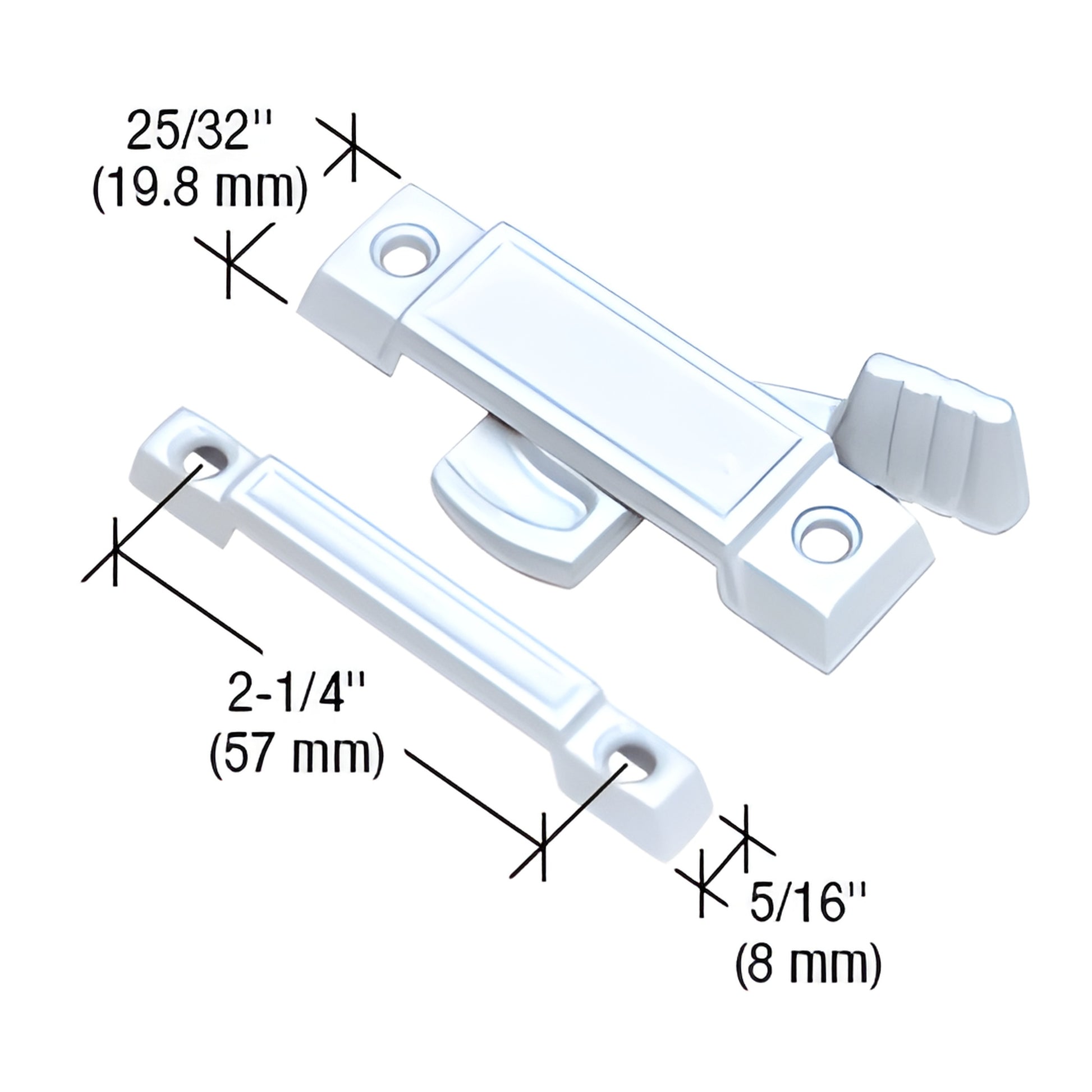 White diecast cam-action sash lock and keeper for double-hung windows, SKU F2533 - 25/32" body, 2-1/4" hole spacing.