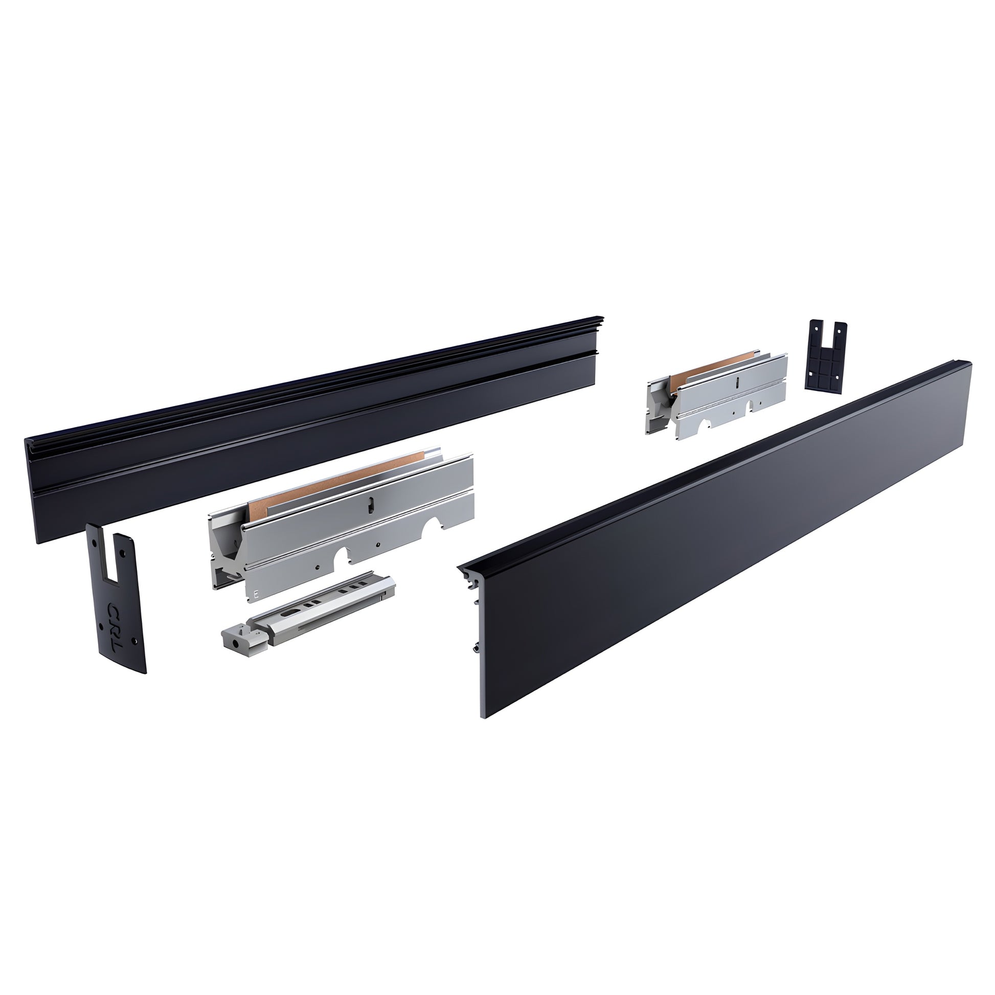 CRL DRX modular door rail kit (SKU: DRX4SMBL12) matte black, 48 in side covers, rail bodies, end caps and hardware