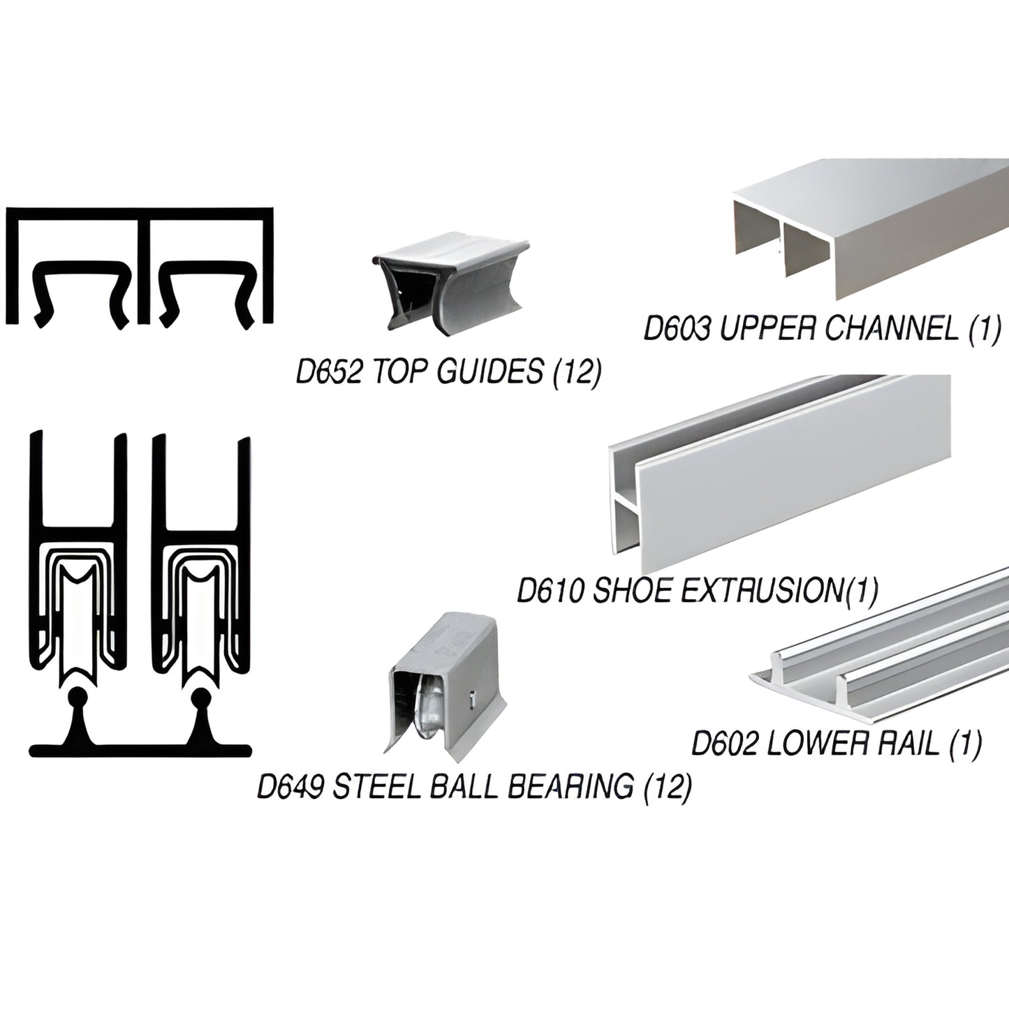 D2203BABB bright-anodized aluminum rolling track kit for 1/4" (6mm) glass doors - channels, shoe, top guides and ball-bearing
