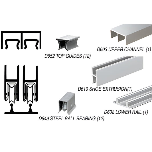 D2203BABB bright-anodized aluminum rolling track kit for 1/4" (6mm) glass doors - channels, shoe, top guides and ball-bearing
