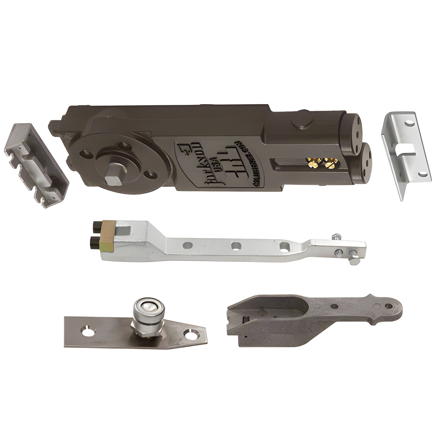 Overhead concealed door closer kit SKU 21101AP04 - aluminum center-hung unit with floor pivot and hardware