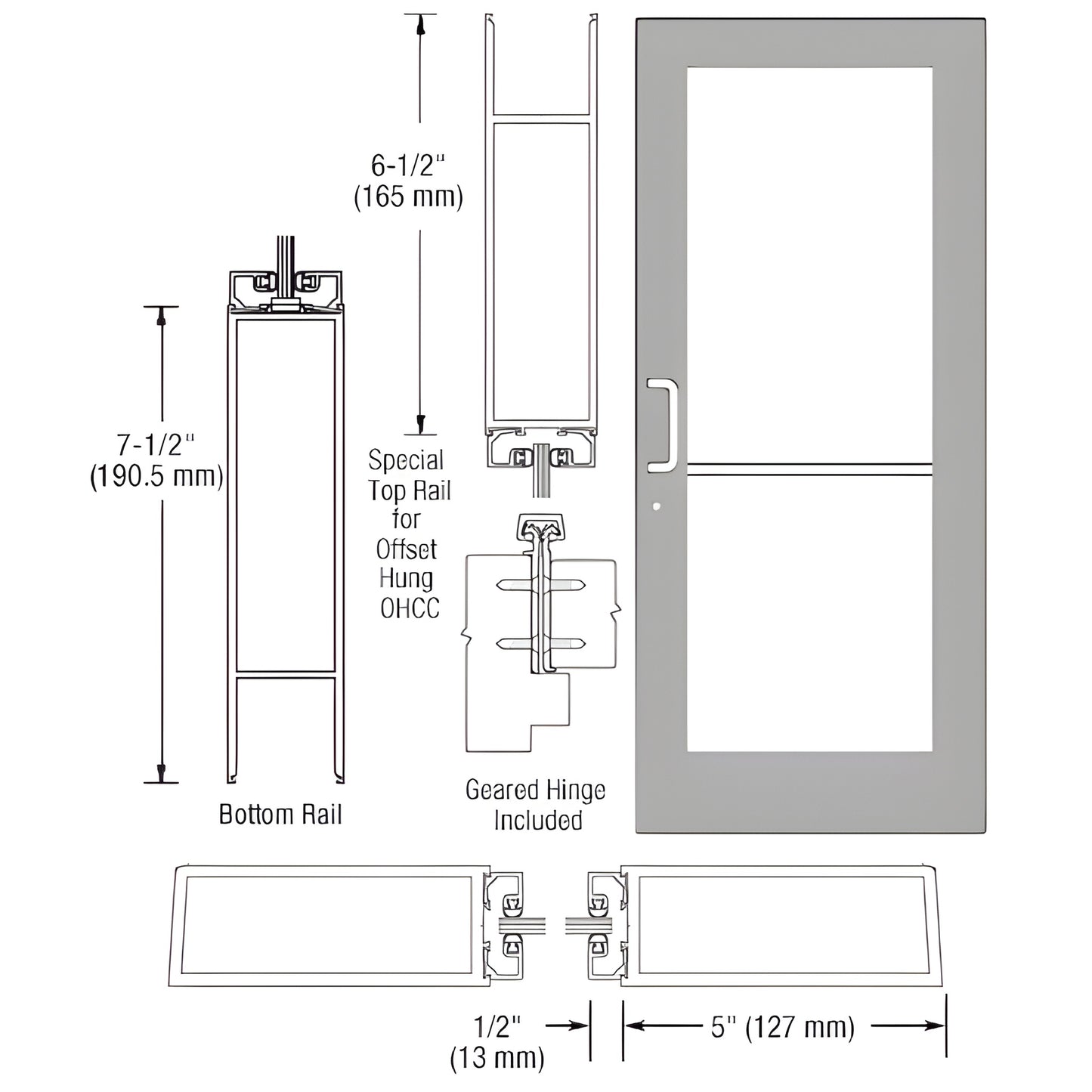 Custom wide stile entrance door HE51911, clear anodized, 5" stiles, 5-1/2" top / 7-1/2" bottom rails, fits 1/4" tempered glas