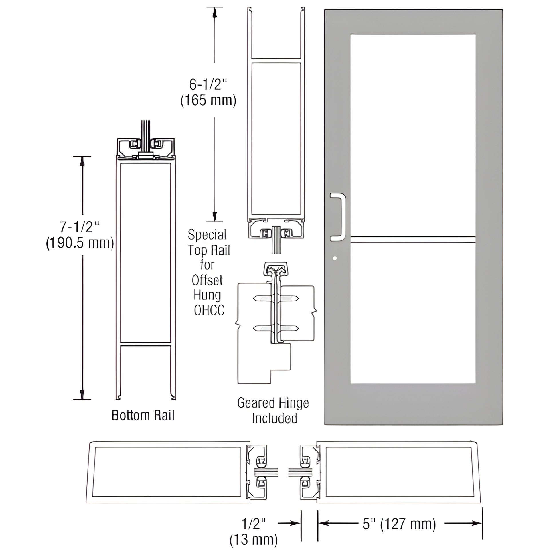 Custom wide stile entrance door HE51911, clear anodized, 5" stiles, 5-1/2" top / 7-1/2" bottom rails, fits 1/4" tempered glas