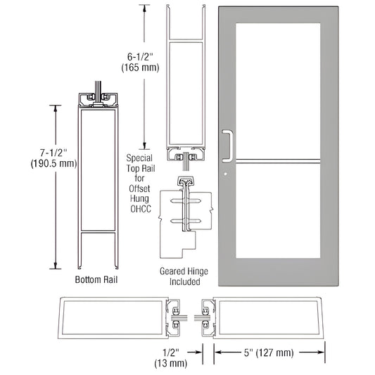 Custom wide stile entrance door HE51911, clear anodized, 5" stiles, 5-1/2" top / 7-1/2" bottom rails, fits 1/4" tempered glas