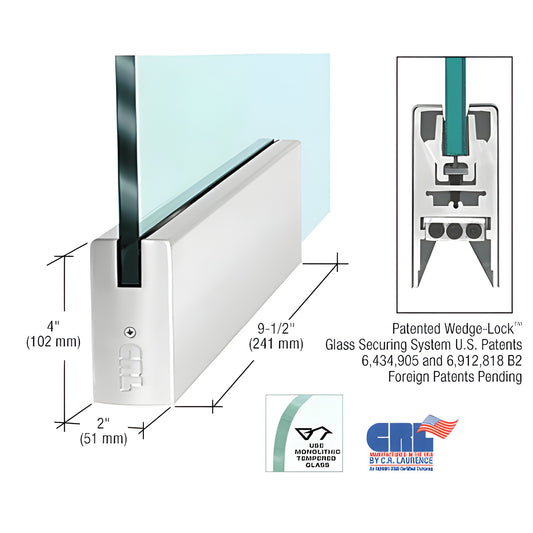 Polished stainless steel CRL Wedge-Lock door bottom rail for 1/2" glass, 9-1/2" long, 4" high (SKU DR4SPS12P)