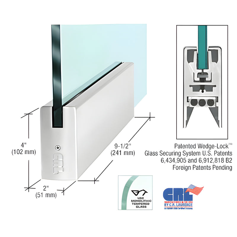 Polished stainless steel CRL Wedge-Lock door bottom rail for 1/2" glass, 9-1/2" long, 4" high (SKU DR4SPS12P)