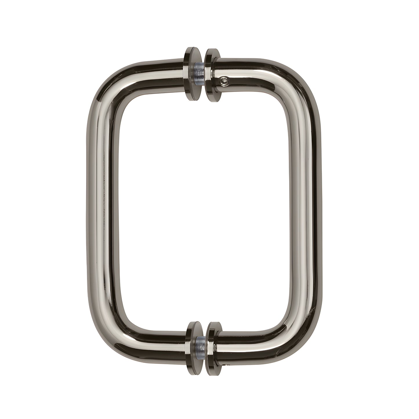 BM6X6PN polished nickel back-to-back tubular glass door pull, 3/4" brass, 6" center-to-center with metal washers