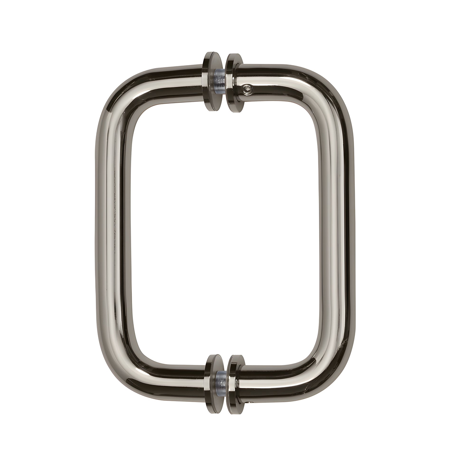 BM6X6PN polished nickel back-to-back tubular glass door pull, 3/4" brass, 6" center-to-center with metal washers