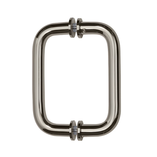 BM6X6PN polished nickel back-to-back tubular glass door pull, 3/4" brass, 6" center-to-center with metal washers
