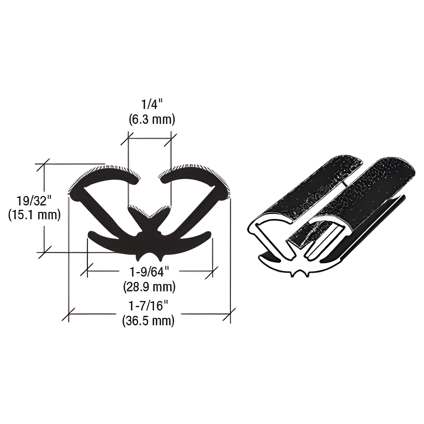 Black unbeaded all-rubber window channel (AS172096), cross-section diagram with measurements and flocked lining, for Chevy/GM