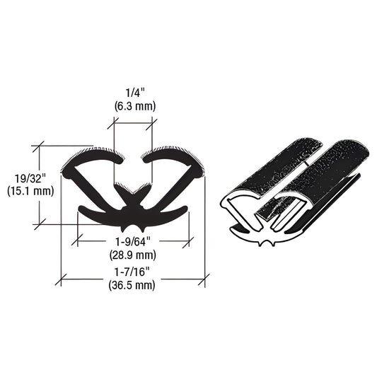 Black unbeaded all-rubber window channel (AS172096), cross-section diagram with measurements and flocked lining, for Chevy/GM