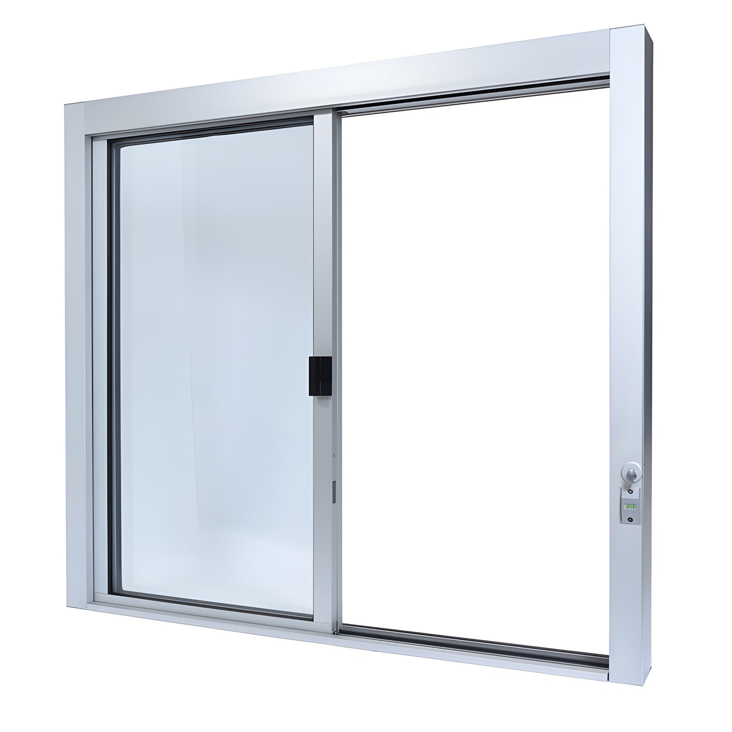 Satin anodized aluminum self-closing sliding service window with three glazed panels, thumbturn lock and full bottom track
