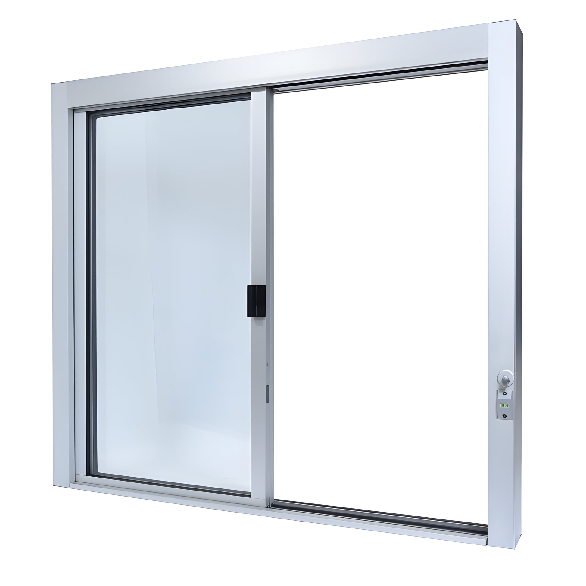 Satin anodized aluminum self-closing sliding service window with three glazed panels, thumbturn lock and full bottom track