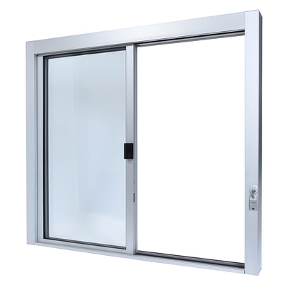 Satin anodized aluminum self-closing sliding service window with three glazed panels, thumbturn lock and full bottom track