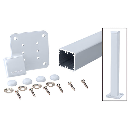 48-inch aluminum 2-3/8" square surface-mount post kit, clear anodized/white finish with base plate, cap and hardware. SKU 1P4