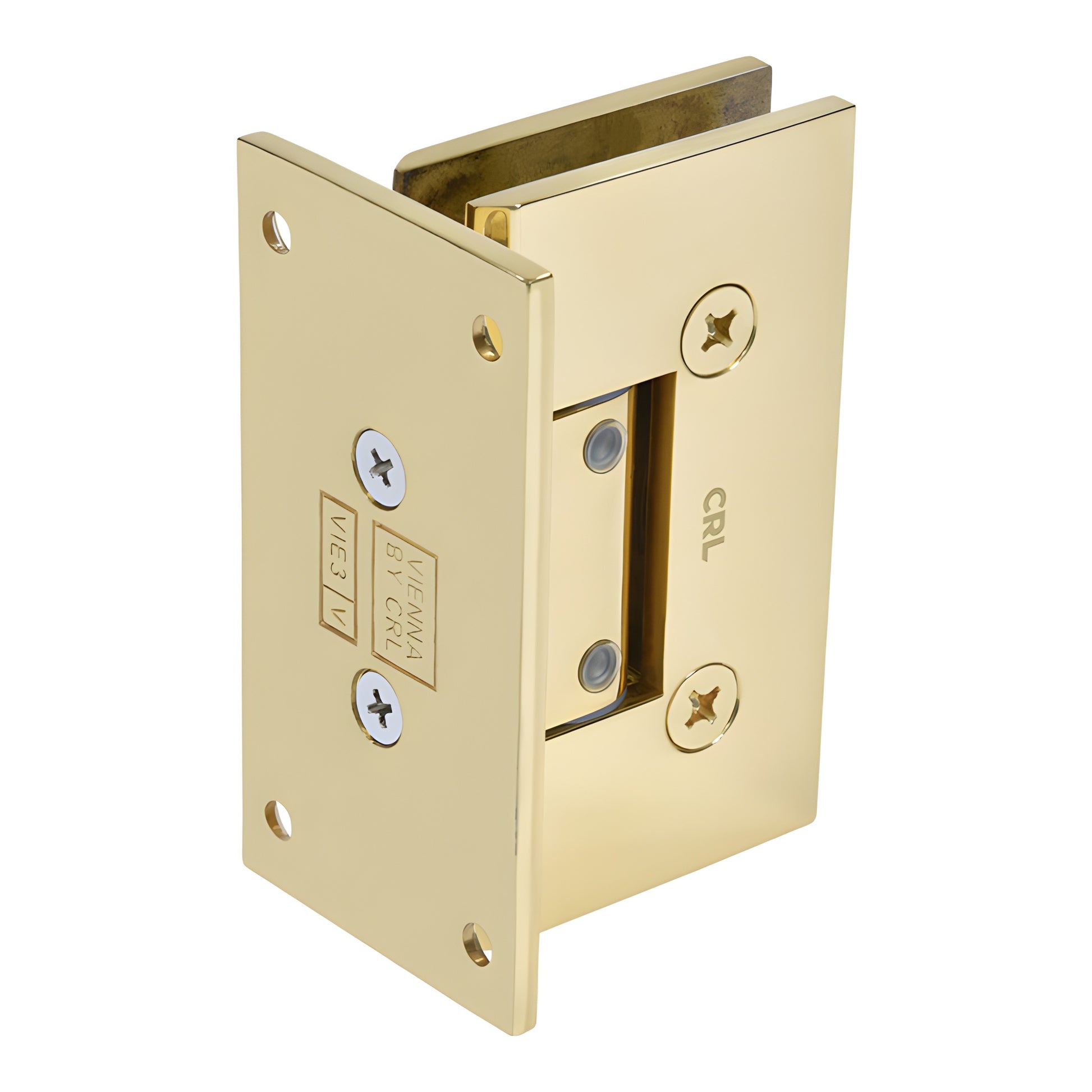 Polished brass adjustable Vienna shower hinge, full back plate for 1/2 in tempered glass - SKU V1E337BR