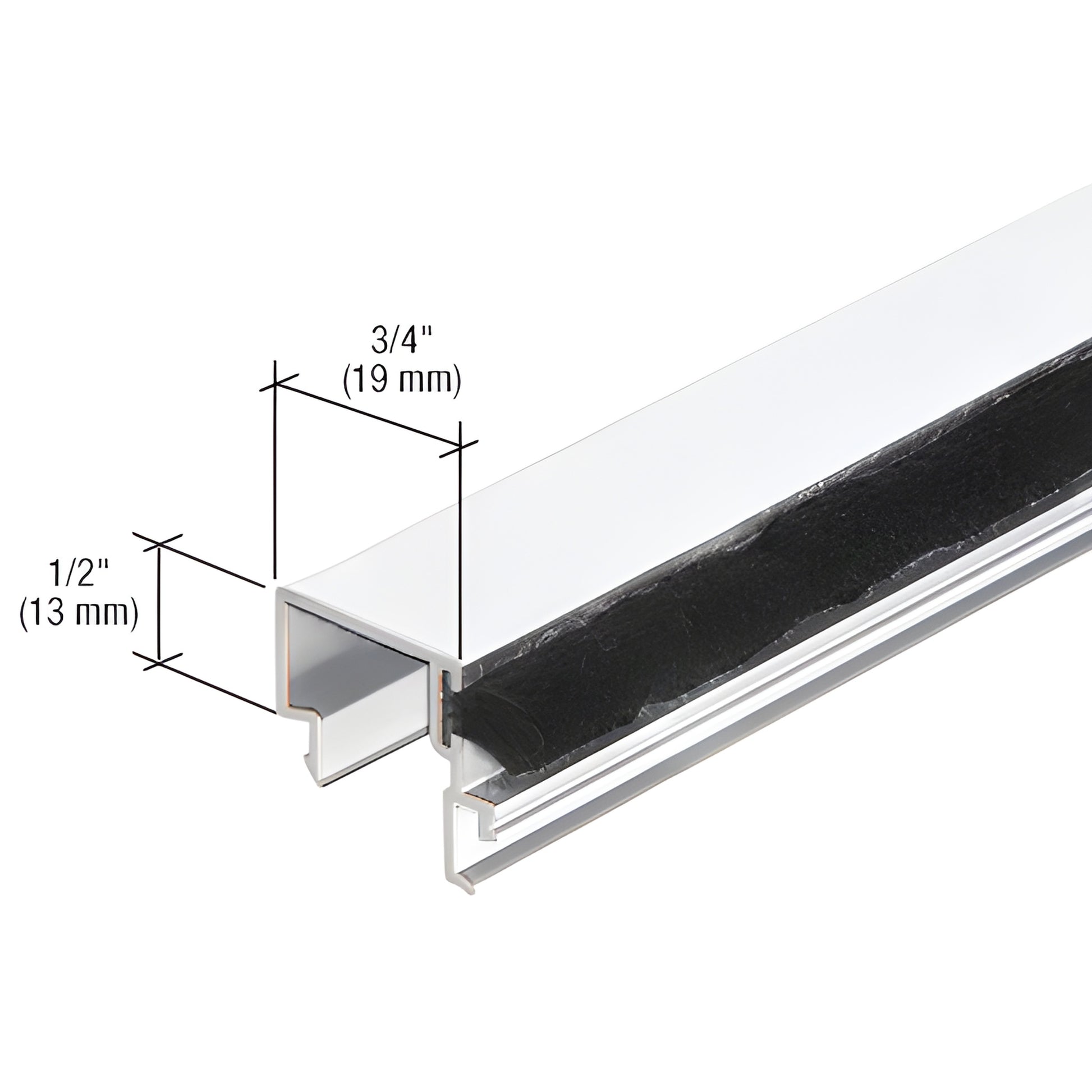 White Kynar aluminum extrusion profile with black weatherstrip, dimensions 3/4" (19mm) by 1/2" (13mm).