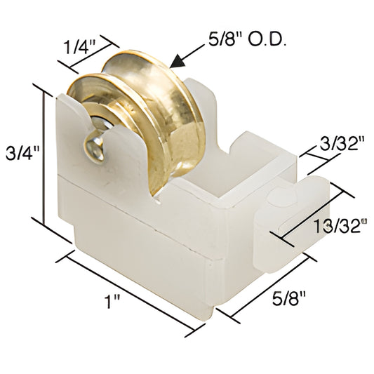 G3048 snap-in window roller assembly, white nylon housing with center-grooved 5/8 steel roller.