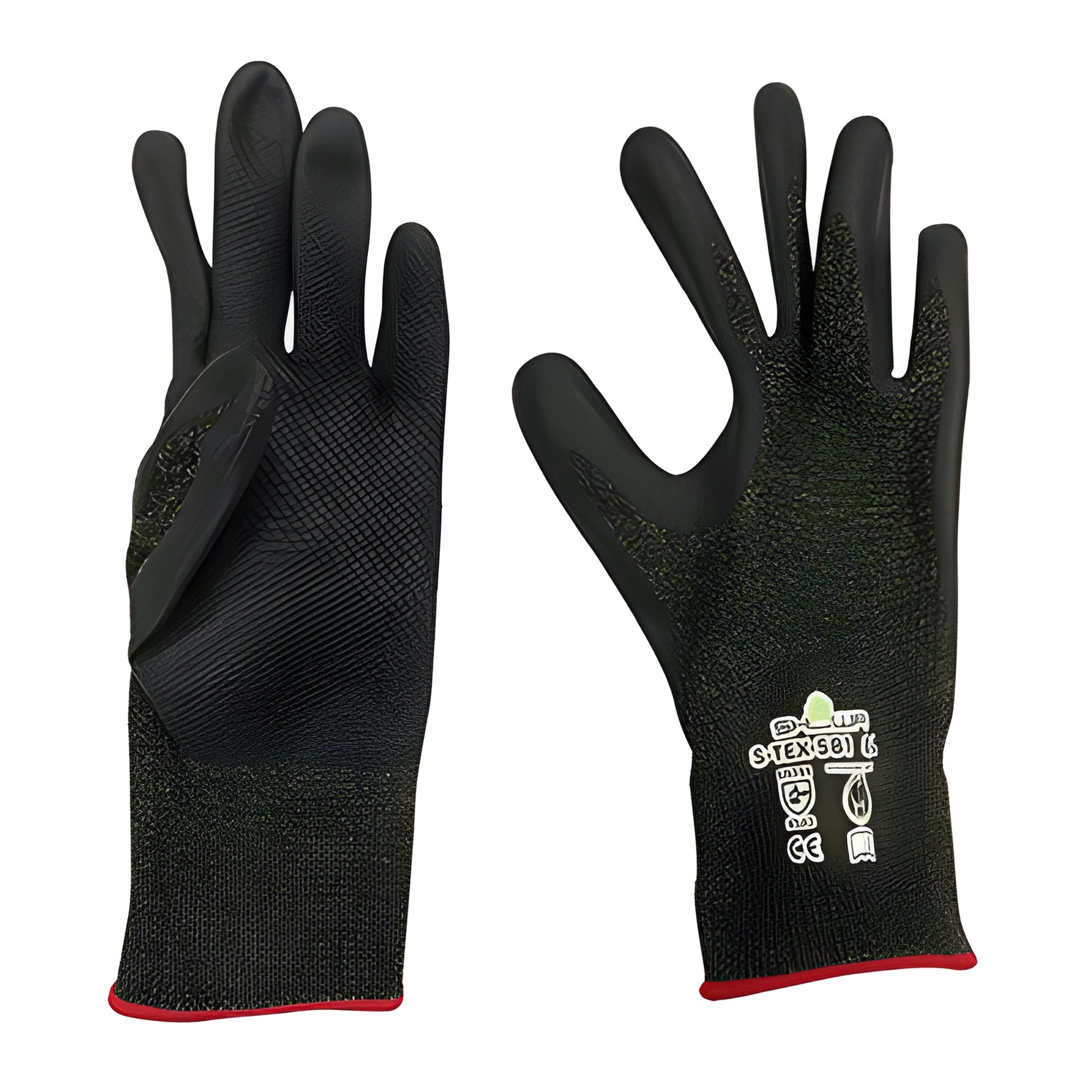 Pair of black CRL ANSI A5 cut-resistant nitrile palm gloves, Small (SKU 581S), seamless knit, red cuff trim