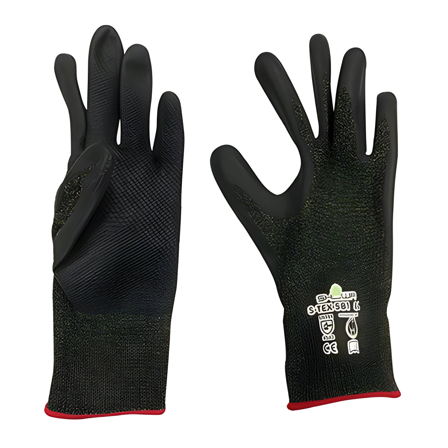 CRL 581XL black seamless knit cut-resistant gloves with embossed nitrile palm, red cuff trim, pair