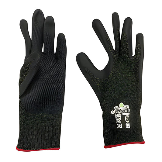 CRL 581XL black seamless knit cut-resistant gloves with embossed nitrile palm, red cuff trim, pair