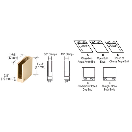 RH2238BR polished brass 90 reversible straight-end glass clamp for 3/8" (10 mm) tempered glass, 1-7/8" width.