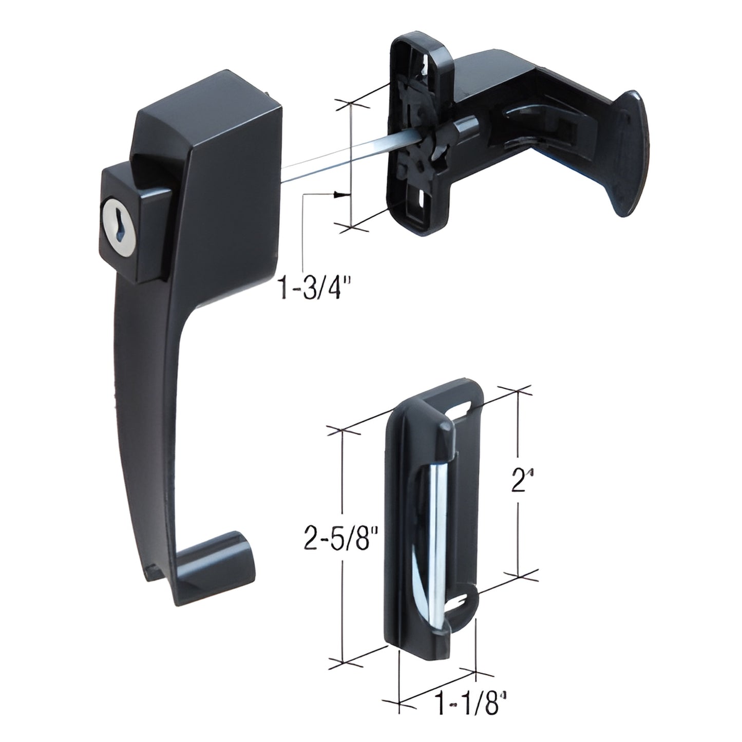Black keyed push button door handle lock (SKU SK12BL) with inside latch and strike, fits 3/4"-2" doors.