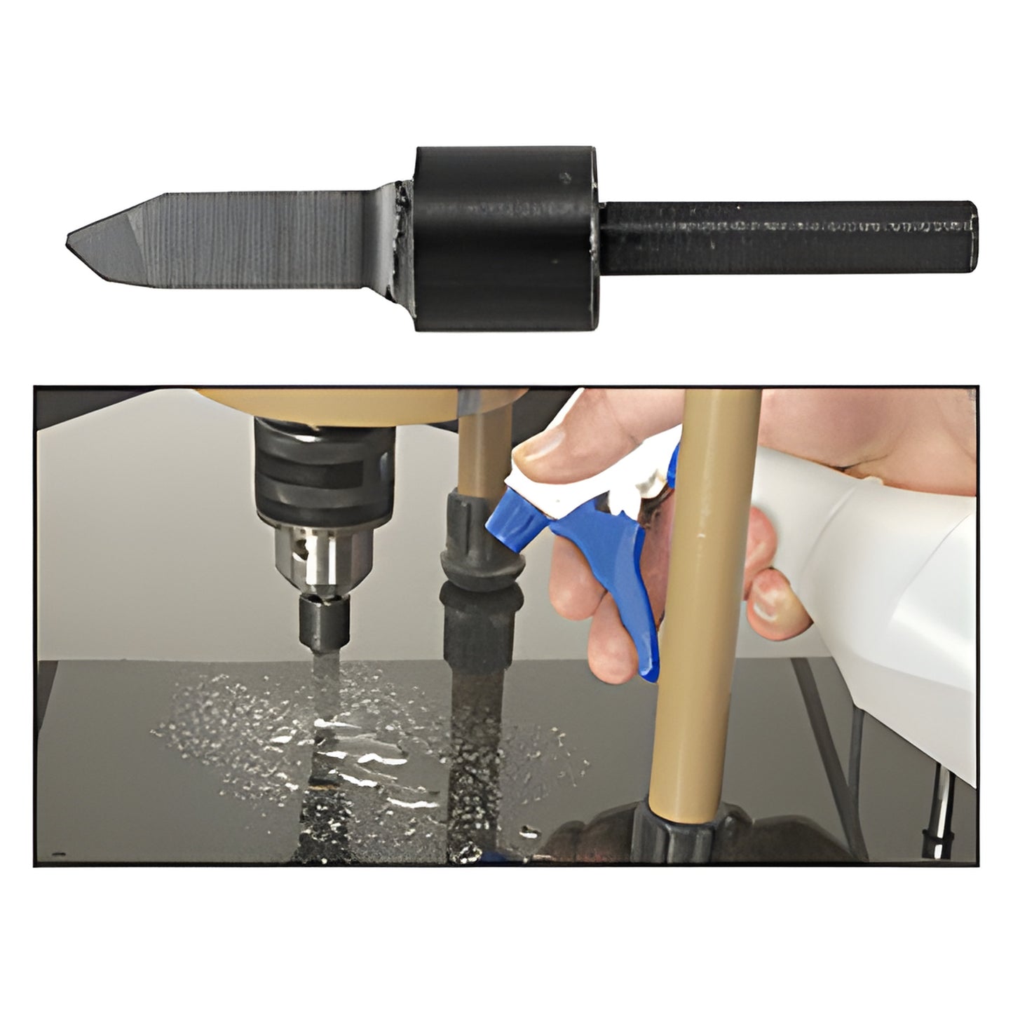SKU 2600 prismatic tungsten carbide glass drill bit (1/8" tip, 1/4" shank) shown and used with coolant spray.
