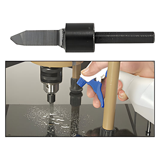 CRL prismatic carbide glass drill bit SKU 2603 - 7/32" tip, 1/4" reduced shank; shown drilling glass with coolant.