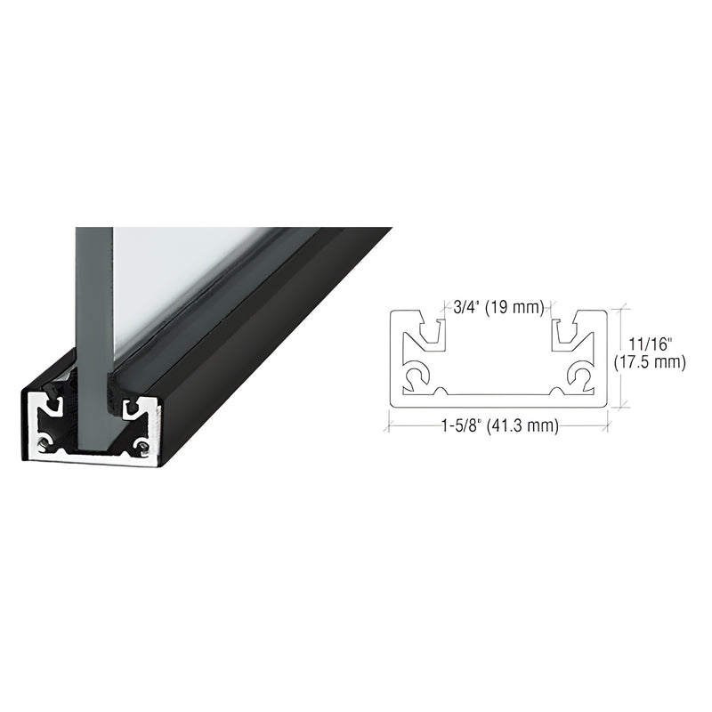 Matte black shallow U-channel (SCMBL3812SL) for 3/8-1/2" glass, top-loading roll-in gasket for recessed frameless installatio