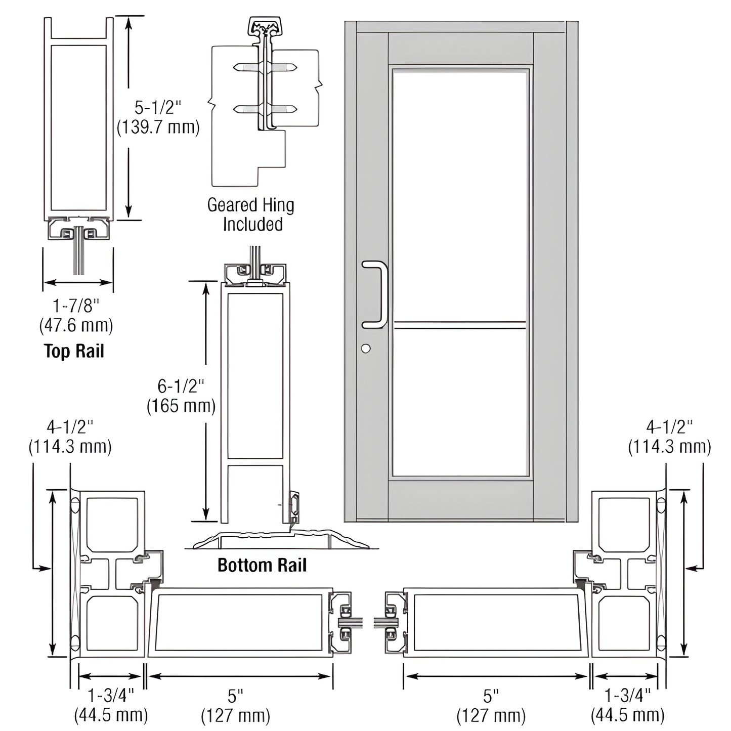 Durafront WS commercial entrance door drawing, clear anodized finish, 5" stiles, 61 2" bottom rail - SKU DC91811
