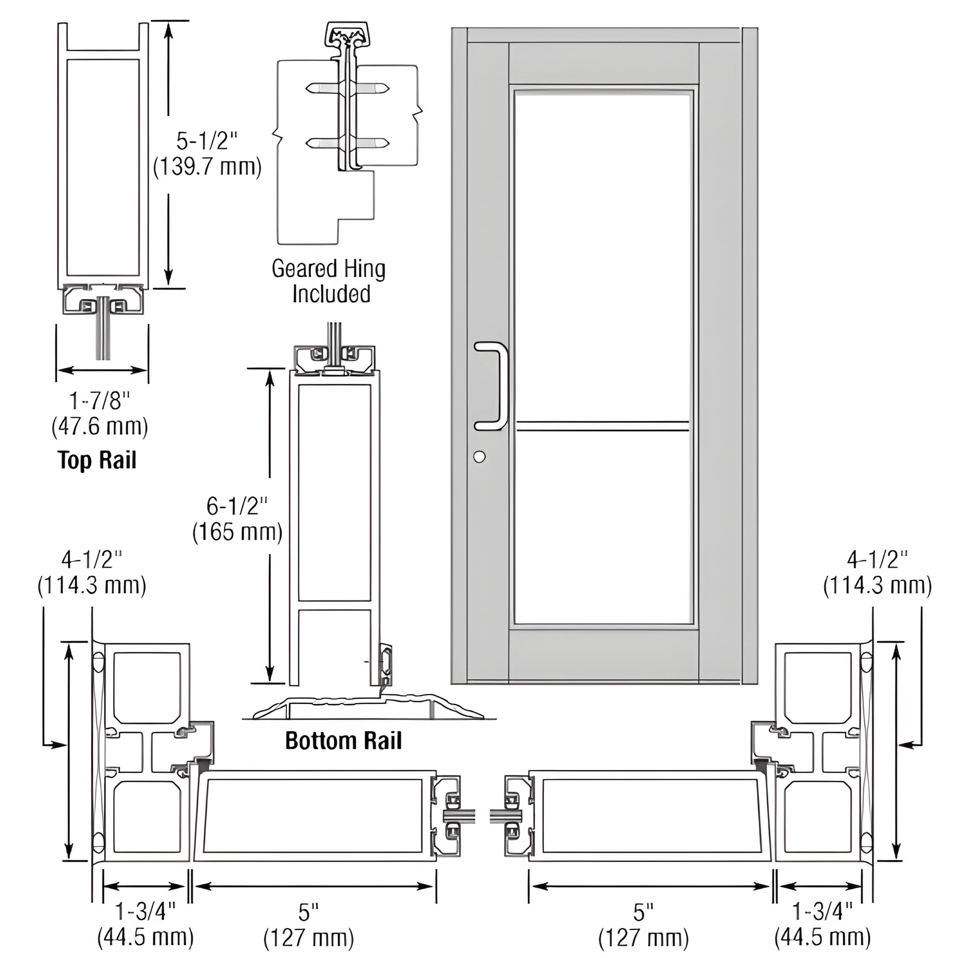 Durafront WS commercial entrance door drawing, clear anodized finish, 5" stiles, 61 2" bottom rail - SKU DC91811
