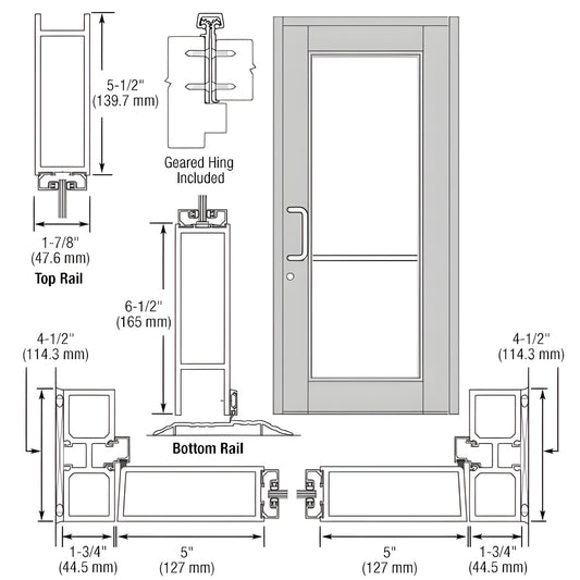 Durafront WS commercial entrance door drawing, clear anodized finish, 5" stiles, 61 2" bottom rail - SKU DC91811