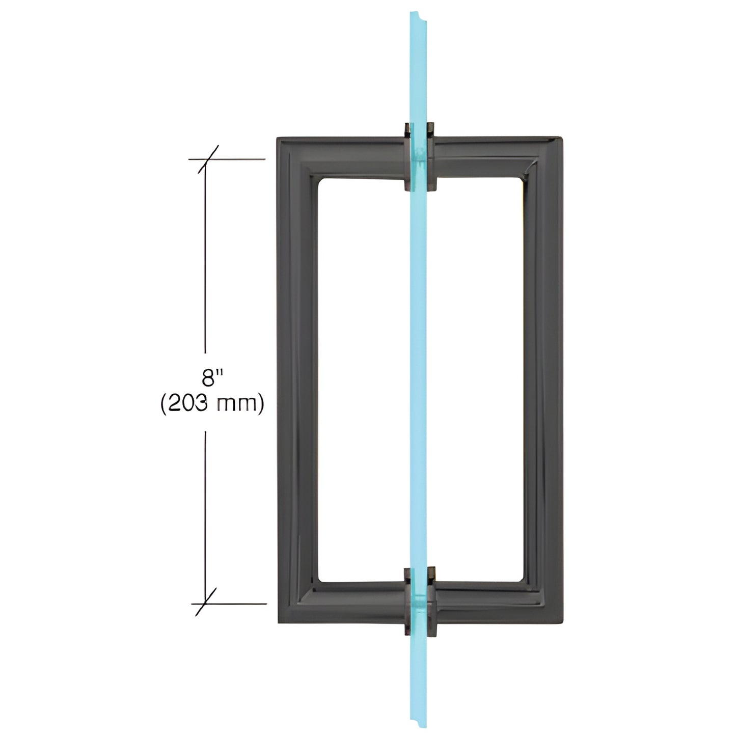 Matte black squared tubular back-to-back glass pull handle, 8" center-to-center, 3/4" brass, fits 1/4-1/2" glass.