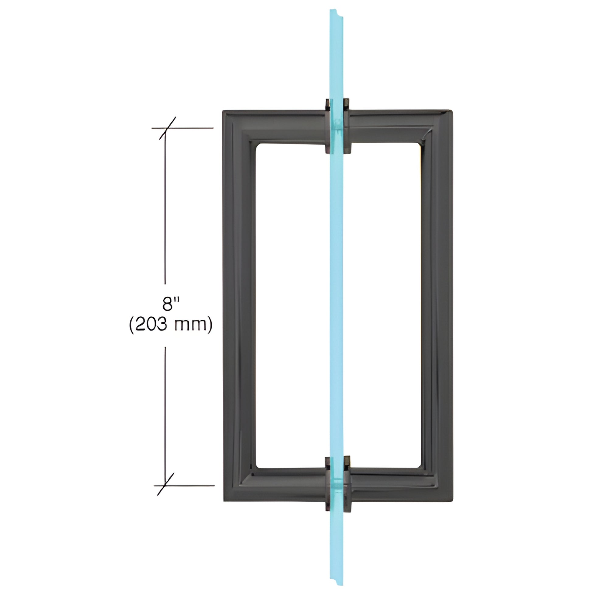 Matte black squared tubular back-to-back glass pull handle, 8" center-to-center, 3/4" brass, fits 1/4-1/2" glass.