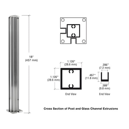 18 in. bright-anodized aluminum 90 corner partition post, square 1-1/8" tube with glazing channels.