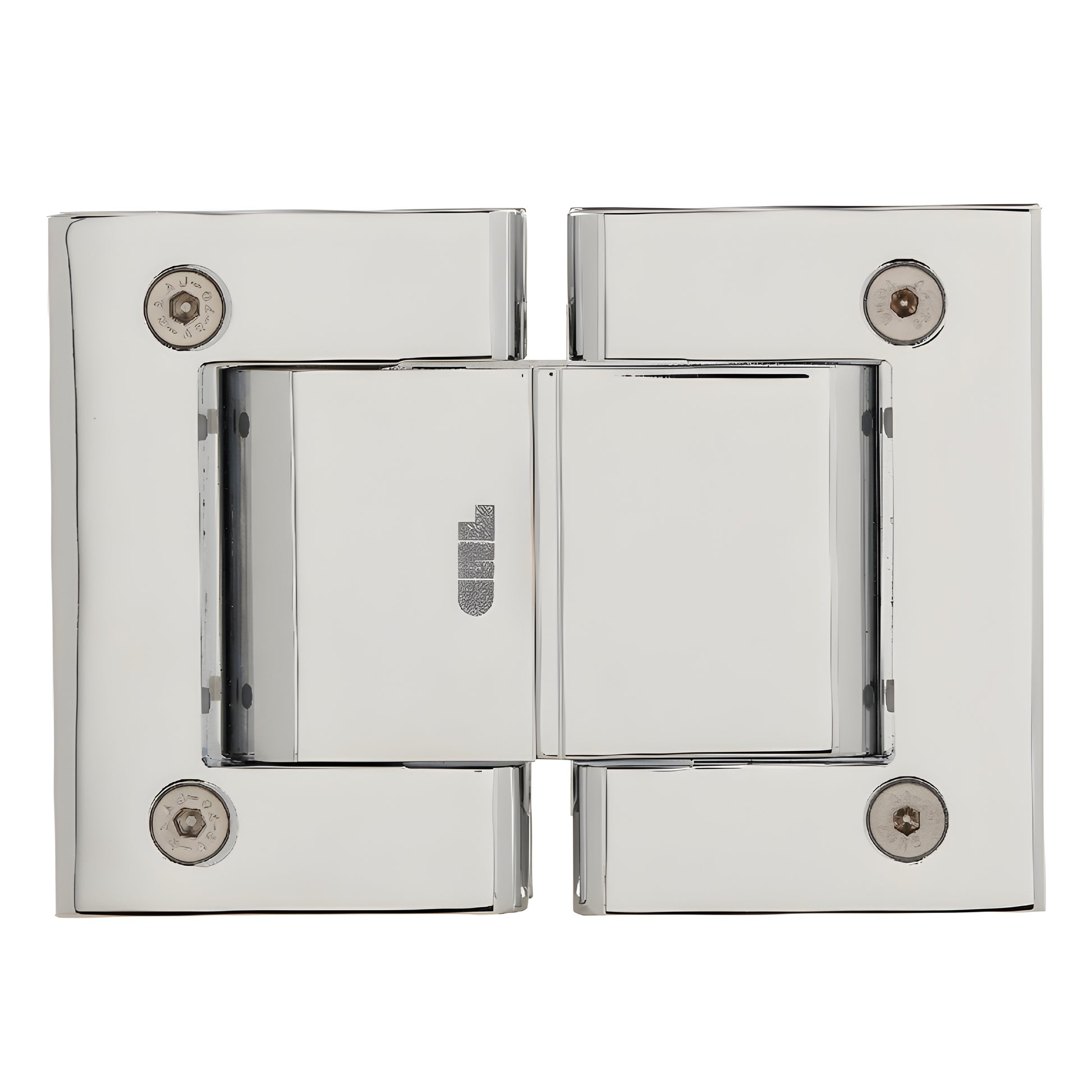 Polished chrome Oil Dynamic self-closing glass hinge, wall-mount full back plate, SKU H8215BTCH