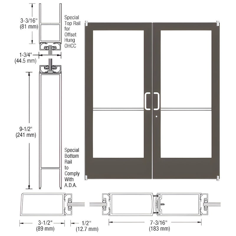 DE42122 black bronze anodized medium stile double entrance door, 9-1/2" ADA bottom rail, accepts 1/4" tempered glass