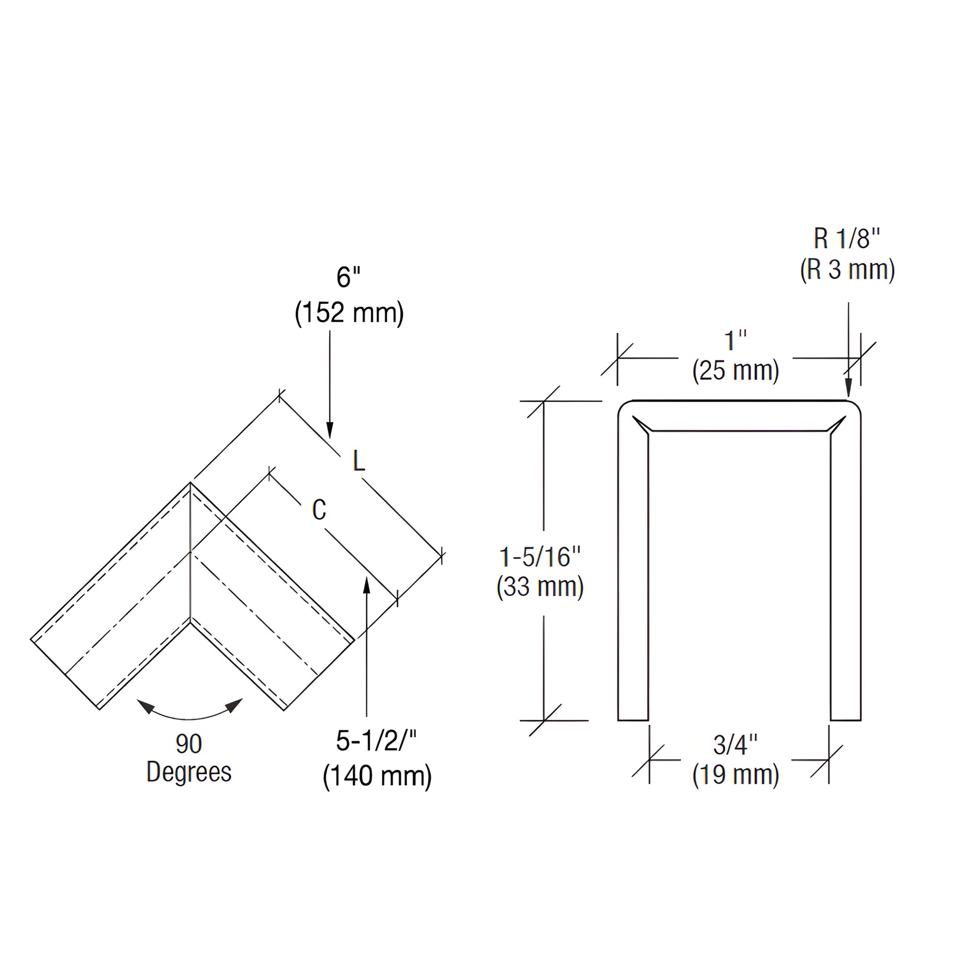 GRLC10HBS brushed stainless steel 90 slip-fit horizontal corner for 1/2" (12mm) or 5/8" (16mm) glass railing cap
