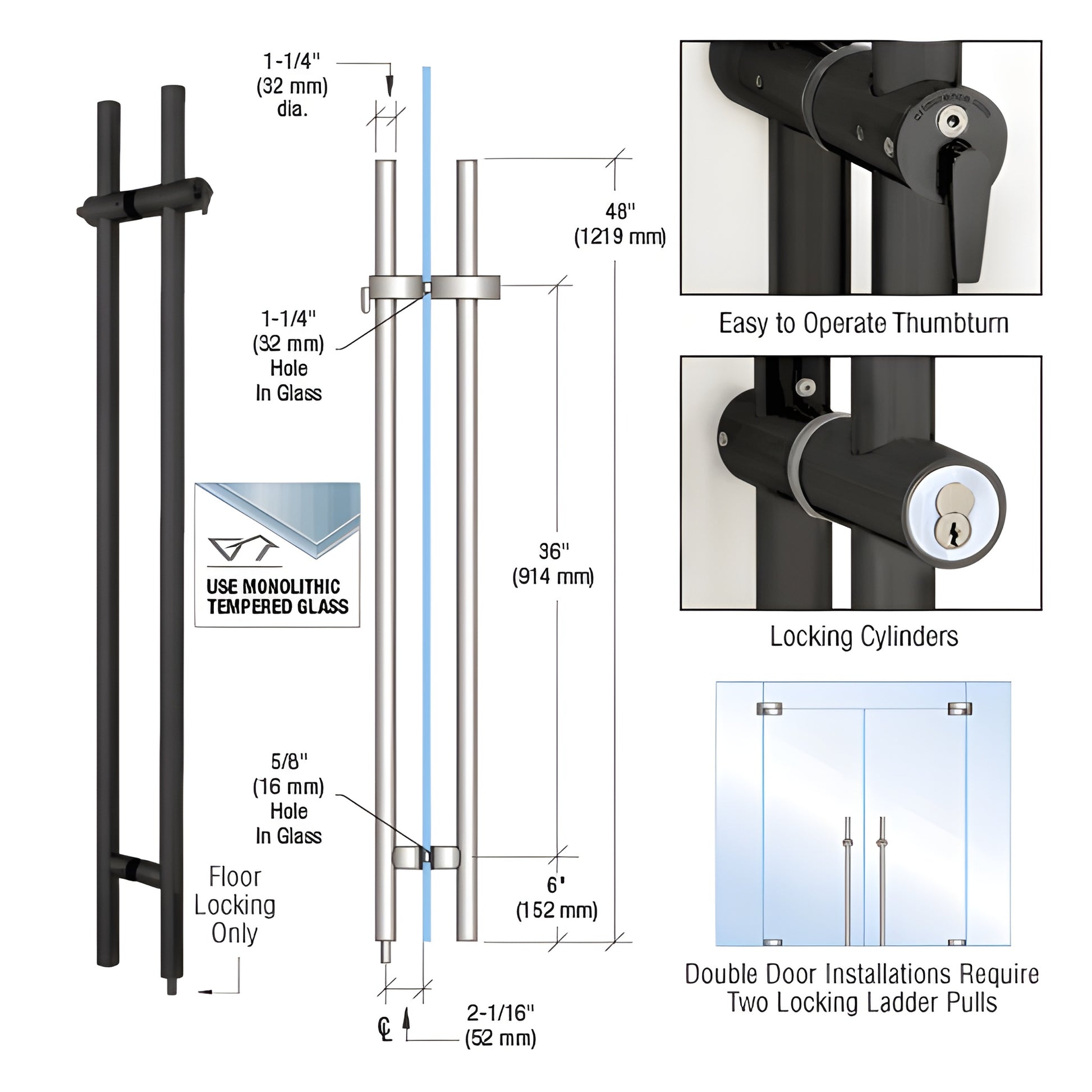 LLPA48MBL matte-black 48 in locking ladder pull for glass doors, 1-1/4 in dia, floor-locking thumbturn, 316 stainless.