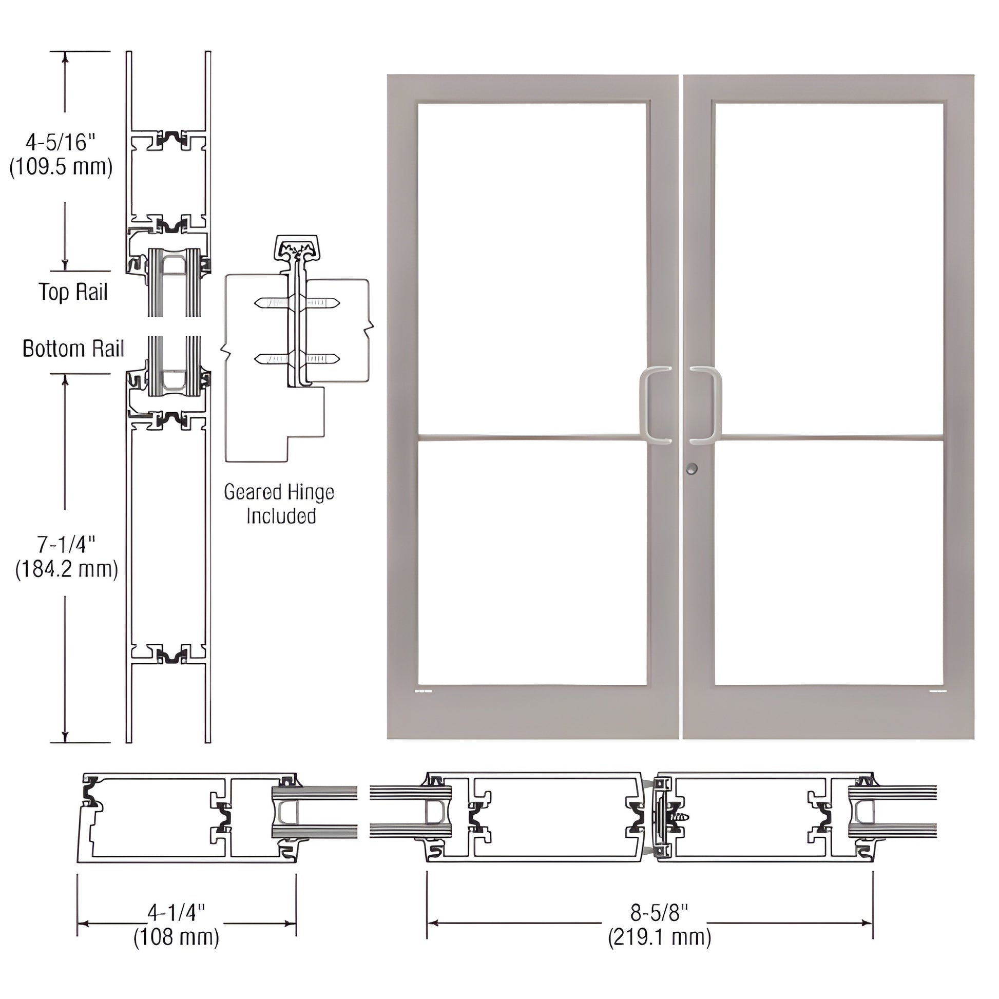 CRL medium stile double entrance door, clear anodized finish, 4-1/4" stiles, 7-1/4" bottom rail, push/pull handles (SKU 1D428