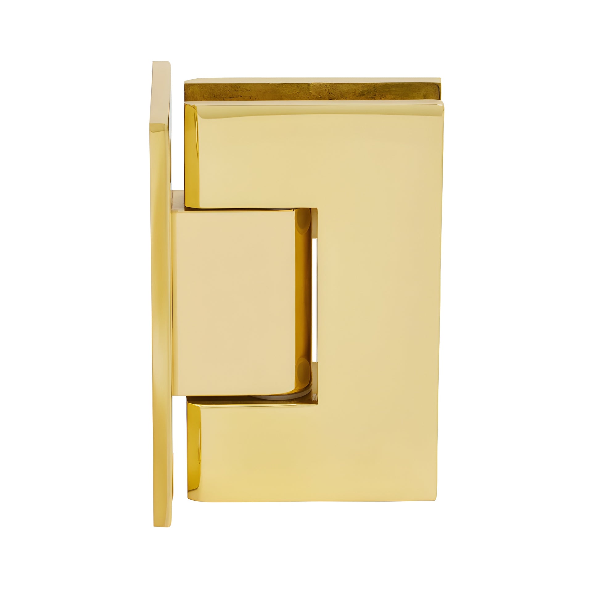 Polished brass Geneva shower hinge (SKU GEN037BR), full back plate, for 8-12mm tempered glass, self-centering.