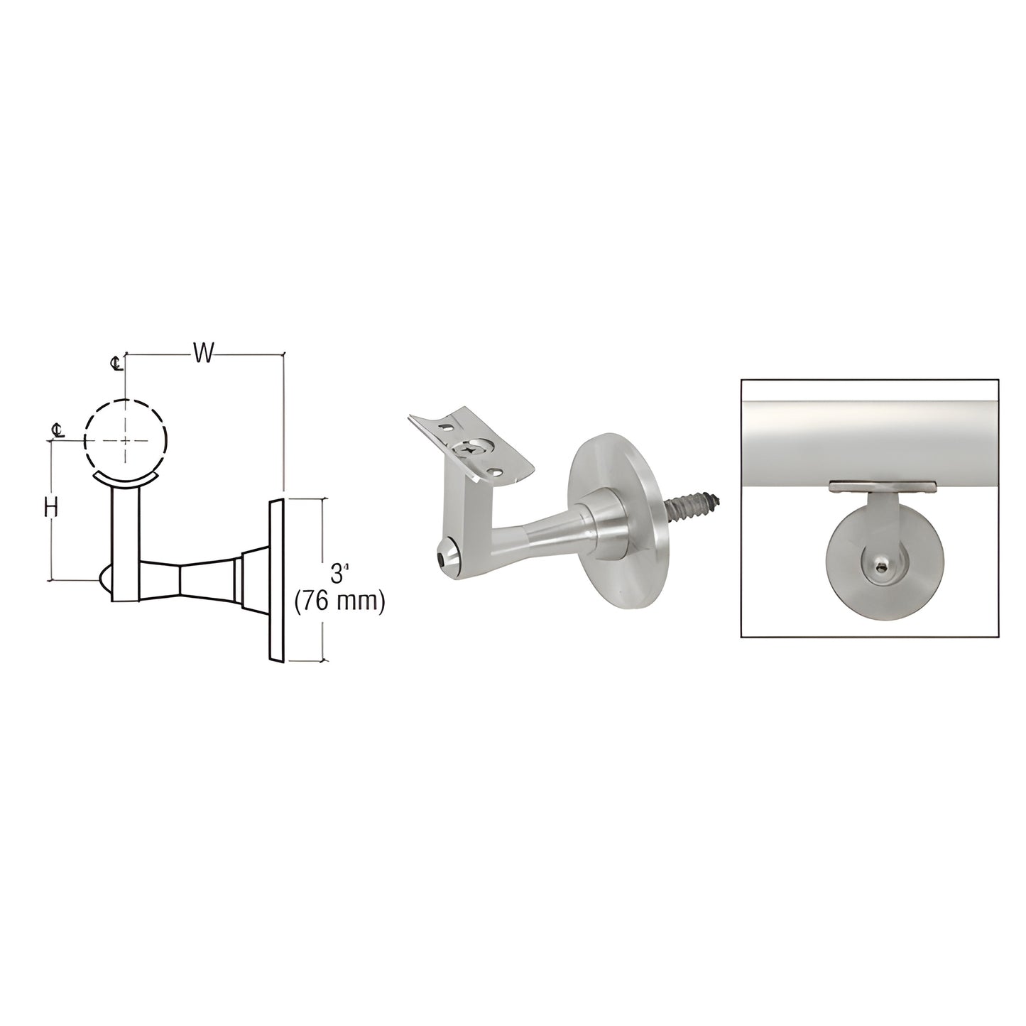 HR2SWBS adjustable 2-way wall handrail bracket, brushed stainless steel, fits 1.5-2" tubing, 2-7/8" projection.