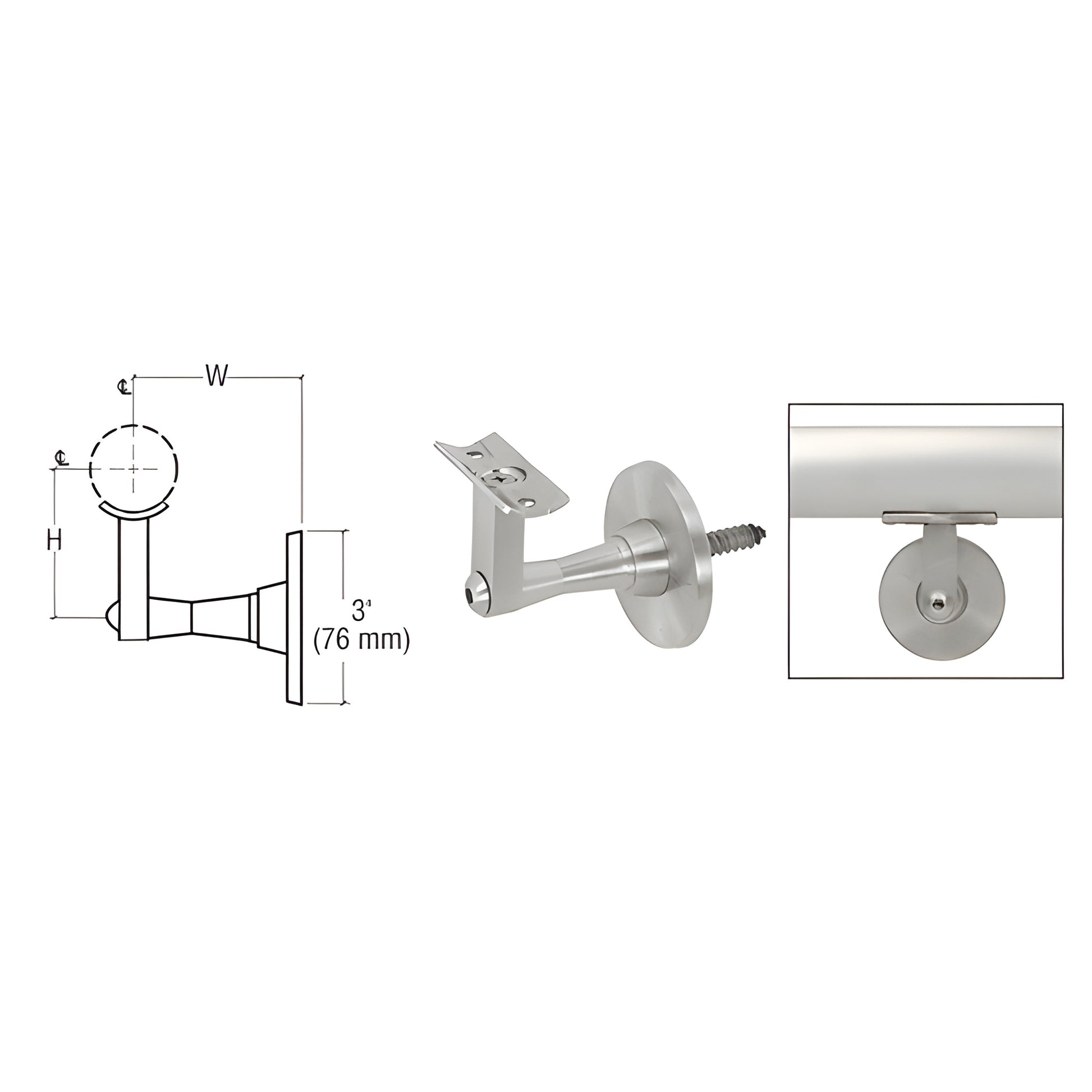 HR2SWBS adjustable 2-way wall handrail bracket, brushed stainless steel, fits 1.5-2" tubing, 2-7/8" projection.