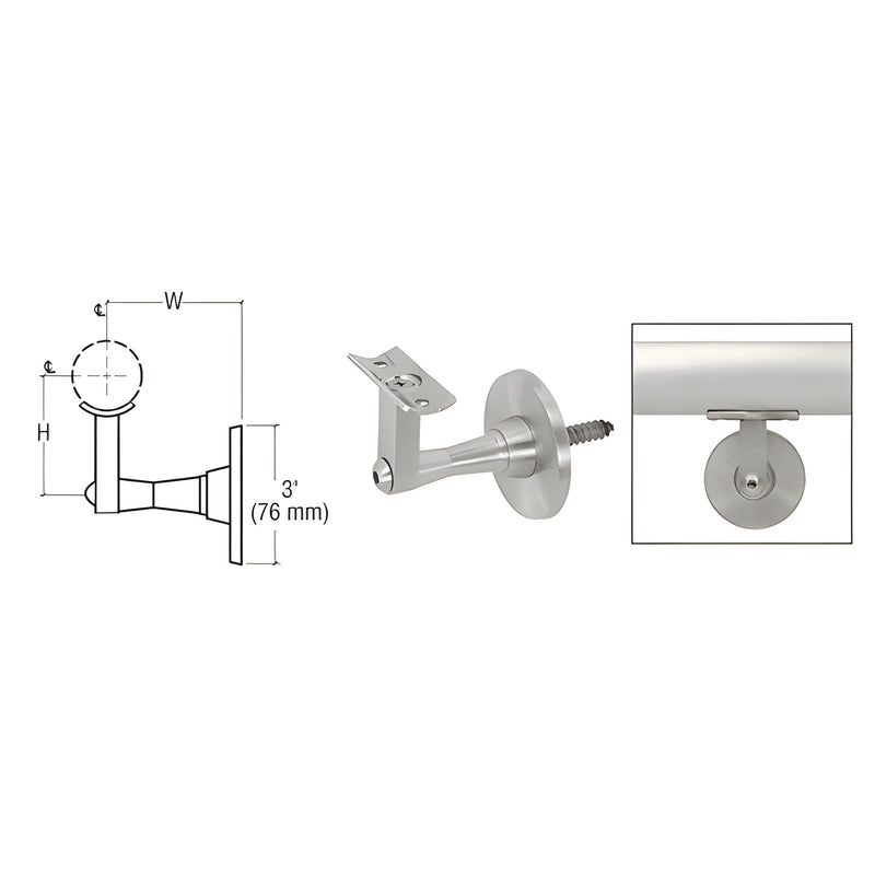 HR2SWBS adjustable 2-way wall handrail bracket, brushed stainless steel, fits 1.5-2" tubing, 2-7/8" projection.