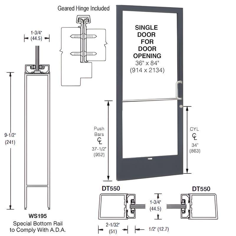 CRL 250 narrow stile storefront door 36"x84" Black Bronze Anodized, 9-1/2" ADA bottom rail, geared hinge included - SKU CD218