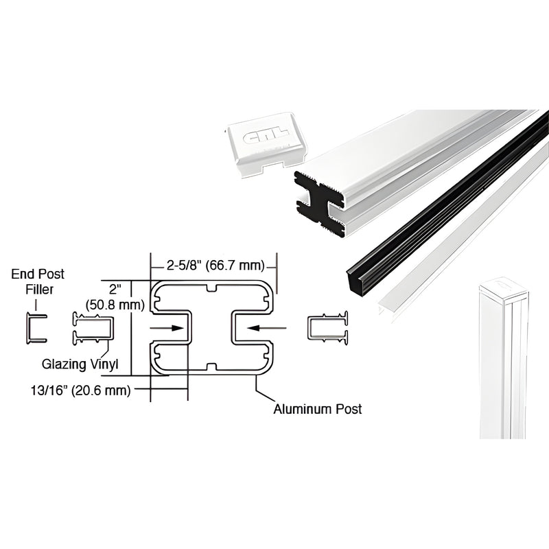 S36EKW sky-white aluminum 36 in rectangular end post kit for glass railing, includes vinyl filler and top cap.
